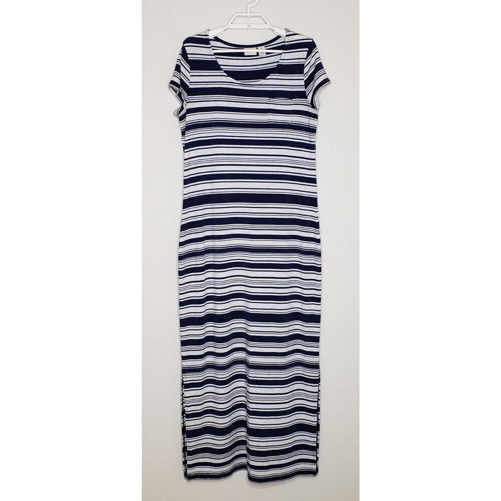 Zenergy by Chico’s Maxi Dress Sz 0 Short Sleeve Blue Gray Stripe Stretch‎ Slits